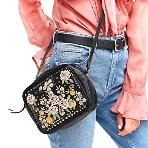 ASOS-Black Leather Floral Studded Crossbody Bag
